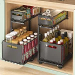 Pull-Out Under Sink Organizer, 2-Tier Adjustable Height Sliding Shelf for Kitchen/Bathroom Cabinet Storage, Black & White - Image 3