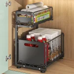 Pull-Out Under Sink Organizer, 2-Tier Adjustable Height Sliding Shelf for Kitchen/Bathroom Cabinet Storage, Black & White - Image 2