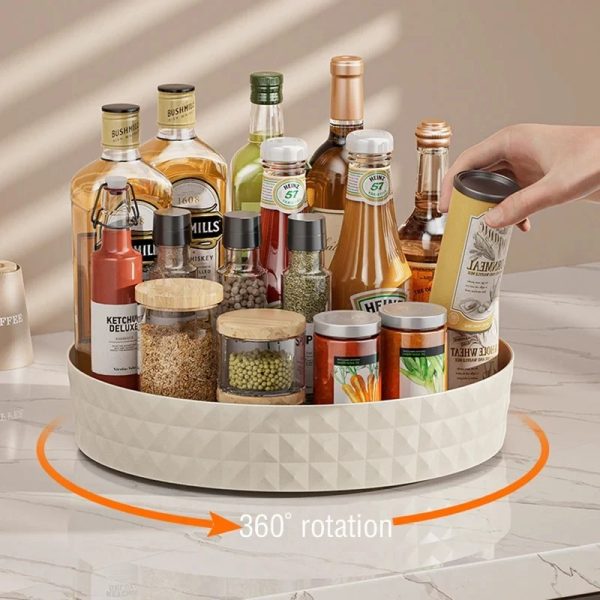 360° Rotating Seasoning Organizer Rack, Multifunctional Turntable Storage Tray for Kitchen Spices Cosmetics Cabinet Countertop